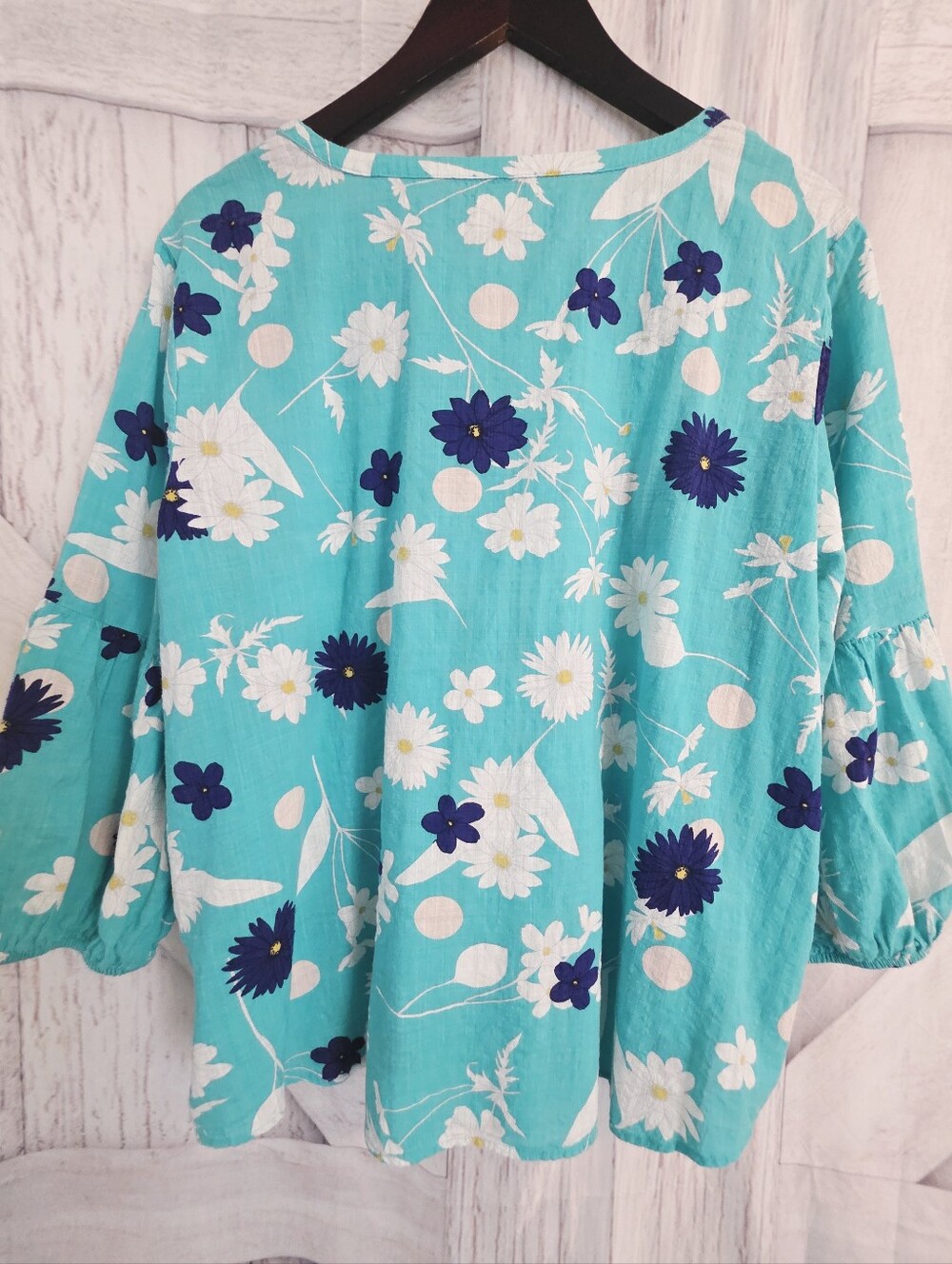 Van Heusen Floral Cotton Blend Peasant Blouse XL Aqua Blue White - Picture 6 of 8
